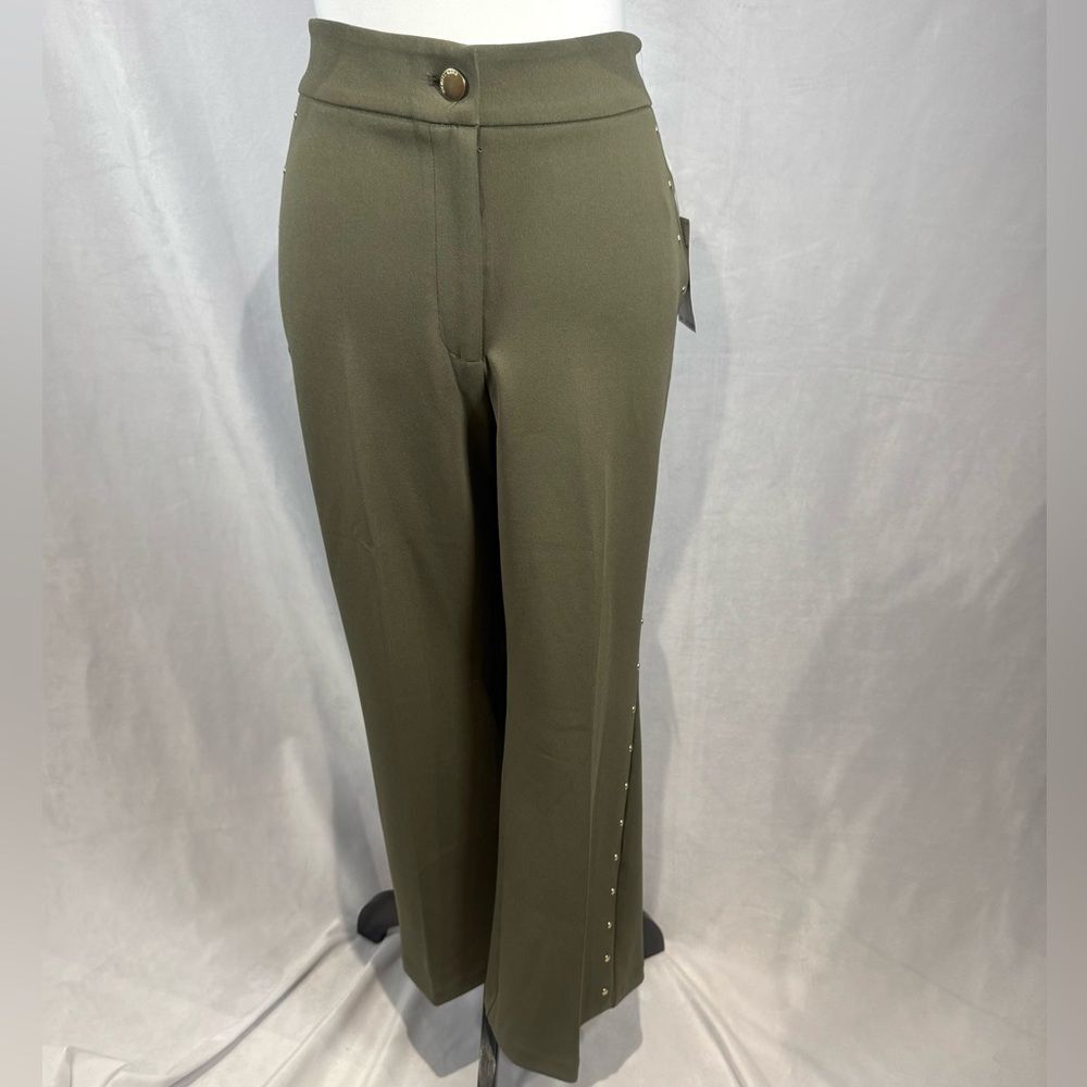 Michael Kors olive green gold studded high-rise crop flare pants size 8 NWT